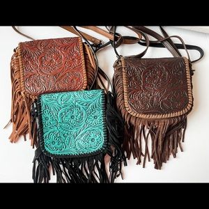 Western Leather Crossbody Fringe Tooled laser cut purse bag